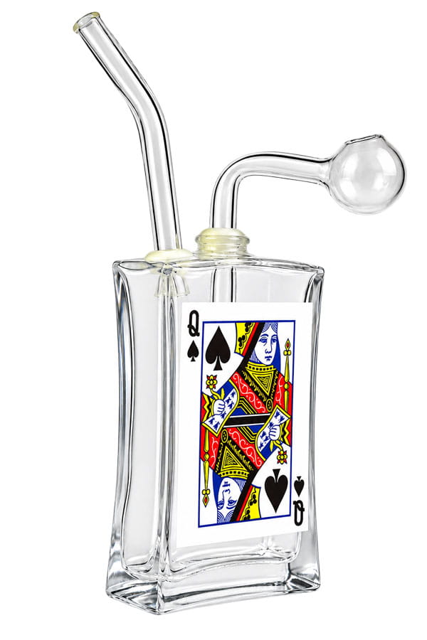 A clear glass water pipe shaped like a playing card, featuring a Queen of Spades design on the front and dual glass bowls and pipes, isolated on a white background.