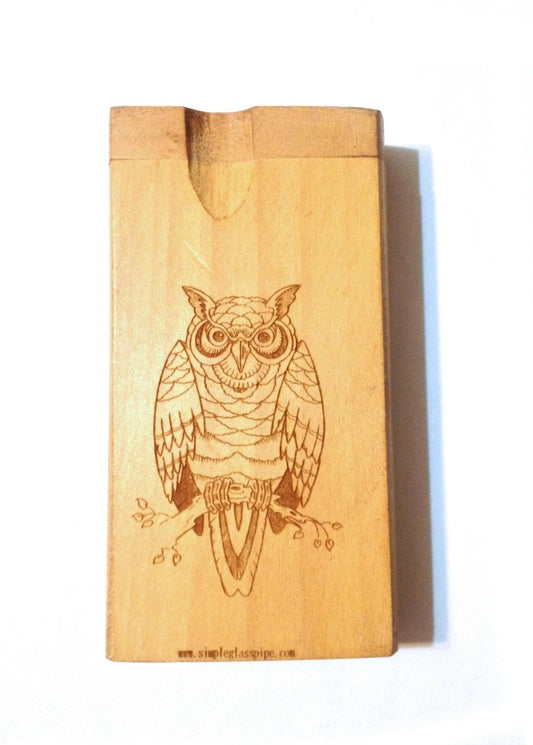 Owl etch carving wood dogout pipe with bat - Simple Glass Pipe