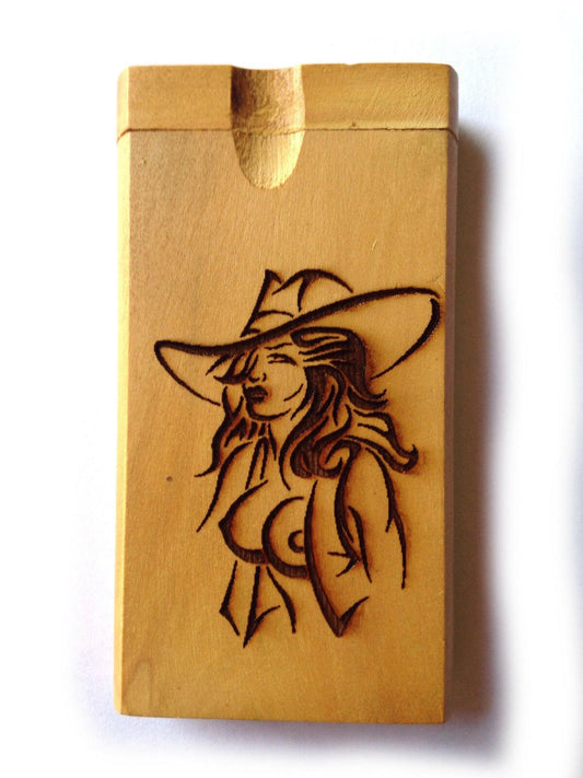 Wild Sexy Cowgirl Dugout wood hard cigarette box holder - Simple Glass Pipe