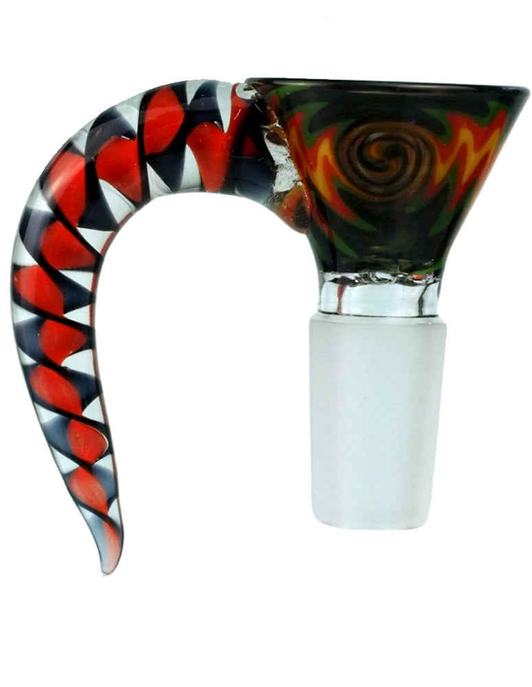 14mm snake-tail glass bowl with colorful swirl and twisted handle