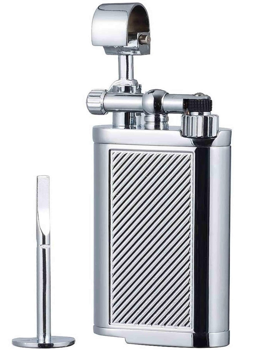 Spunk lift-arm soft-flame pipe lighter with tamper and pick