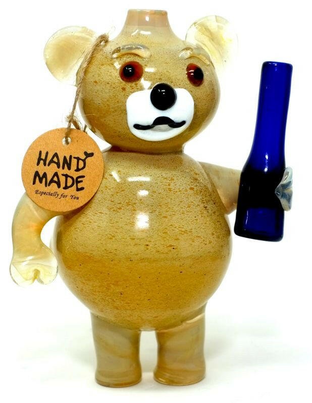Detailed bear and beer design on glass hand pipe