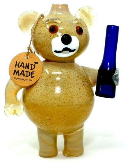Detailed bear and beer design on glass hand pipe