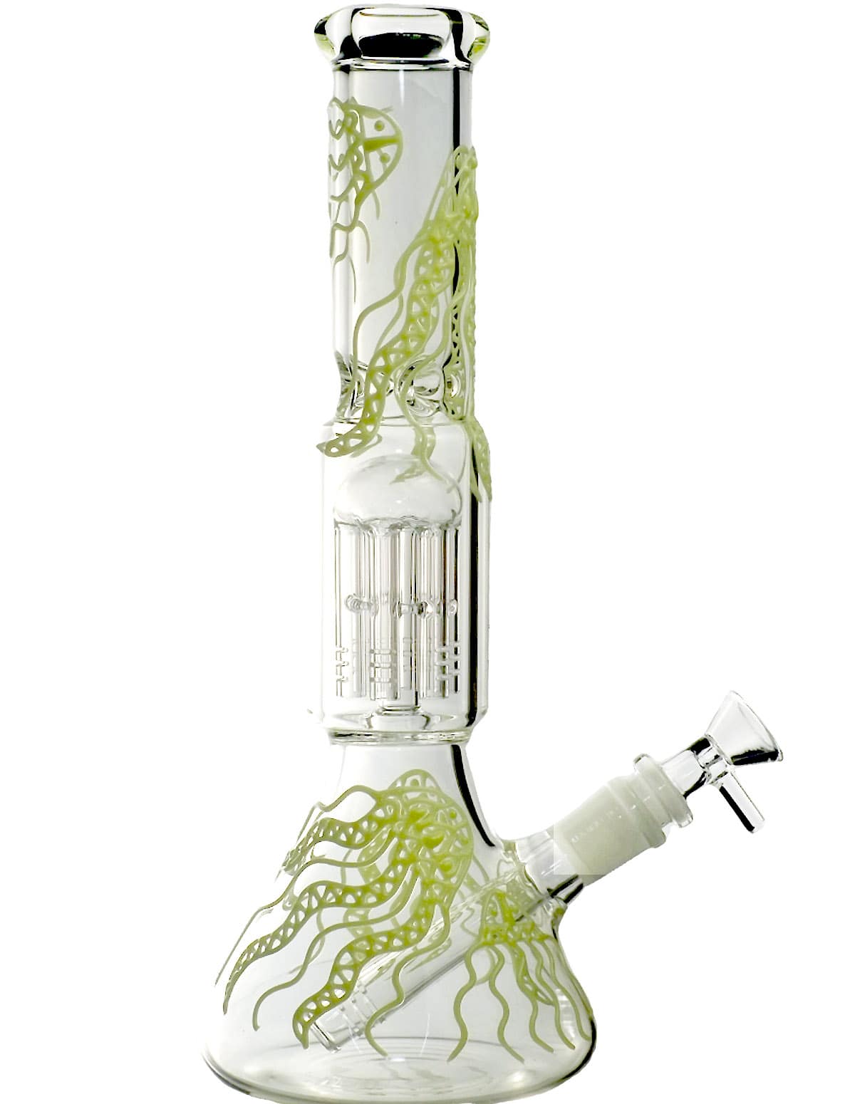 10-inch glow-in-the-dark jellyfish beaker bong with 6-arm perc