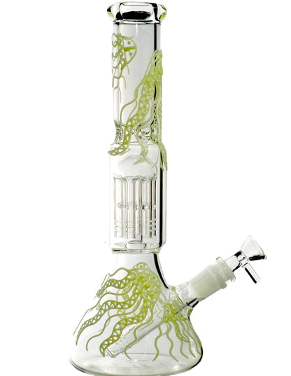 10-inch glow-in-the-dark jellyfish beaker bong with 6-arm perc