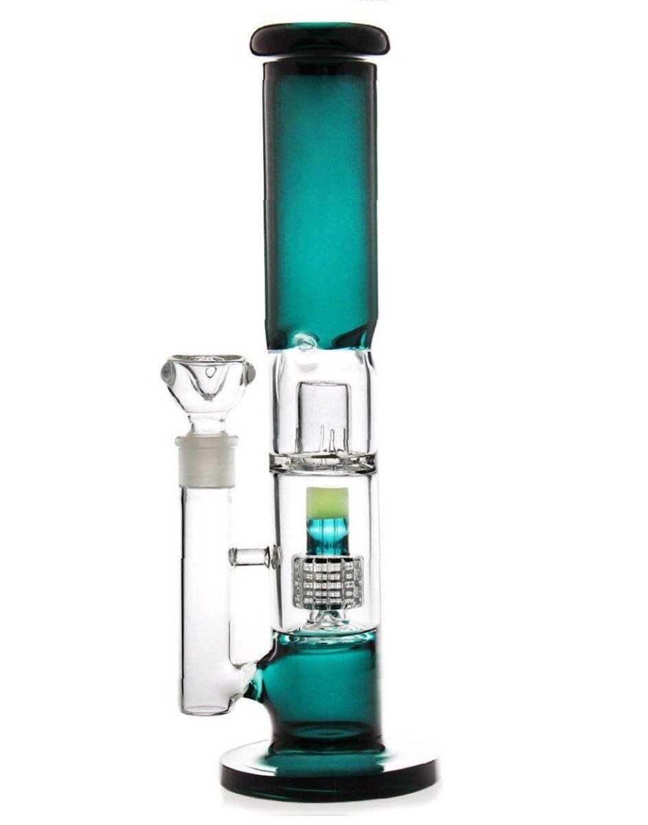 14-inch straight glass bong with green accents and matrix perc