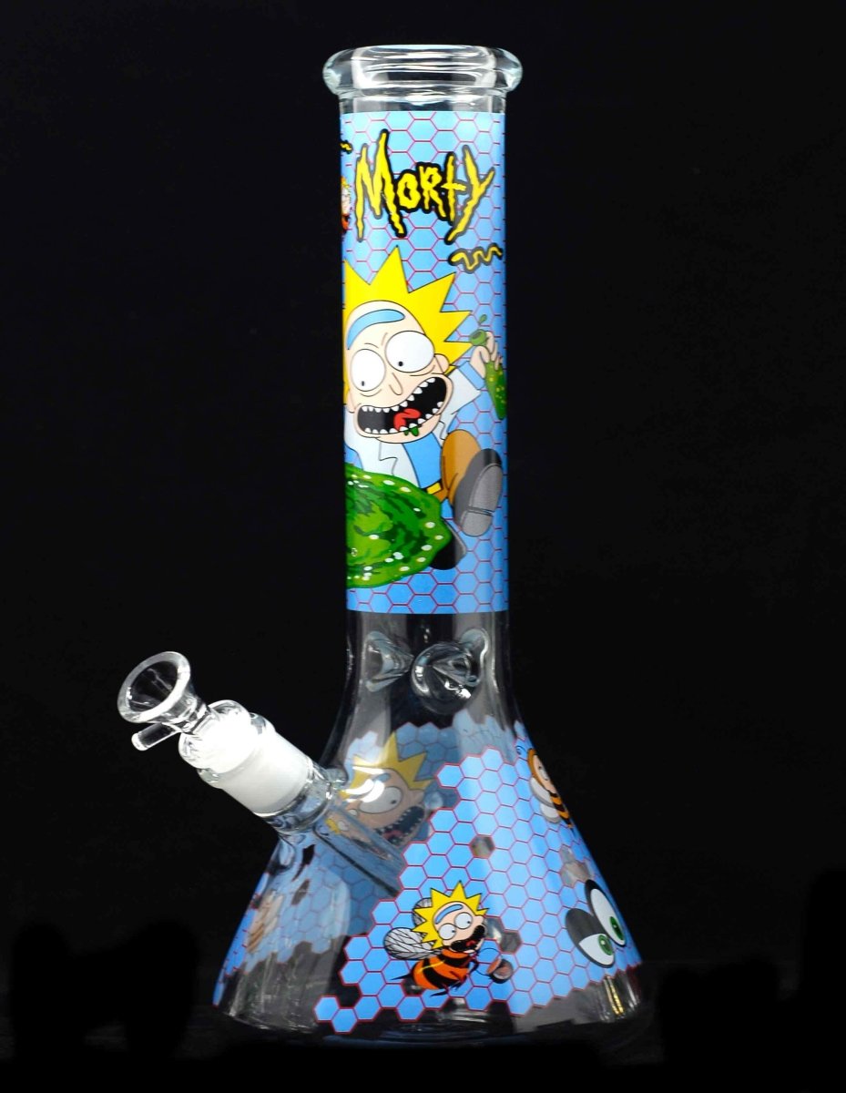 RM heavy-duty glass beaker bong with blue accents