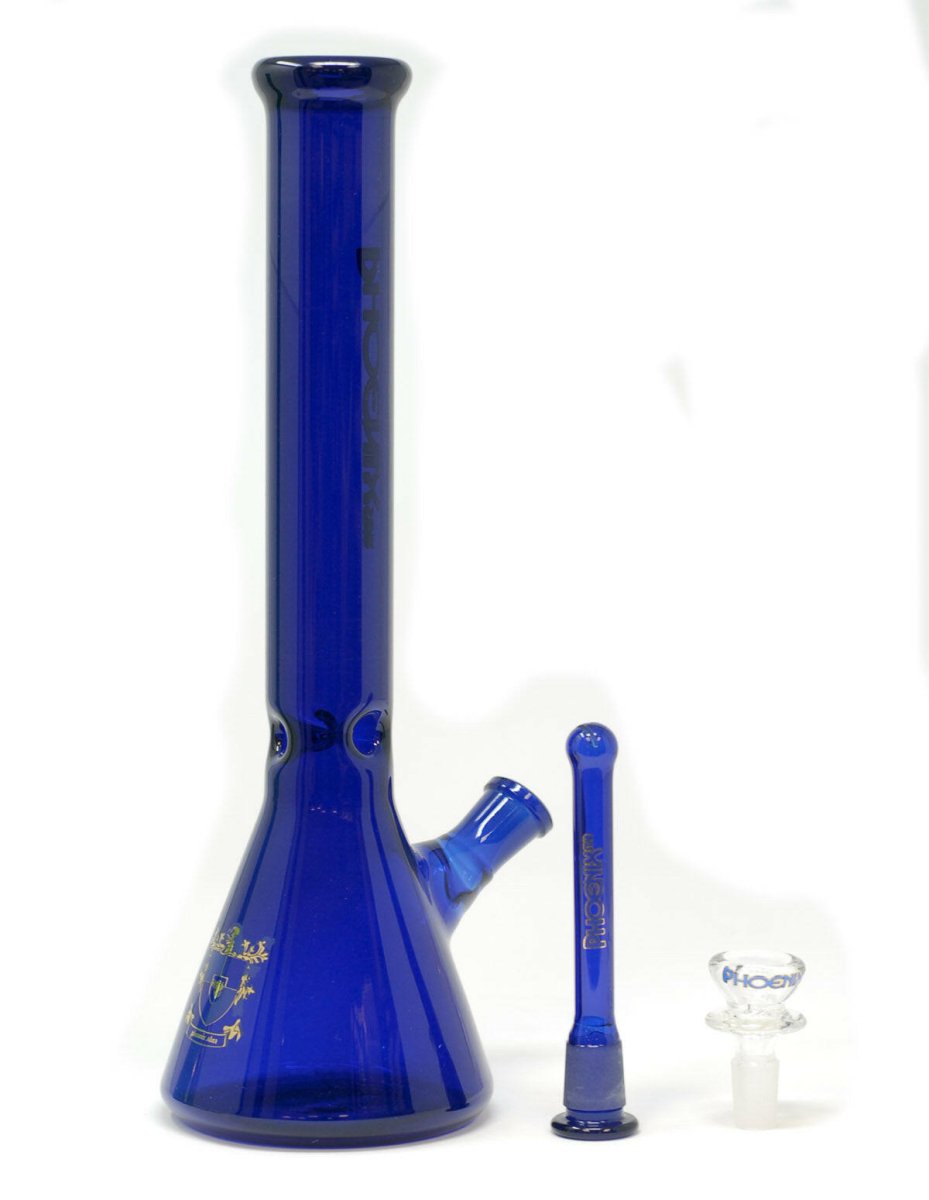 Blue beaker glass water pipe with ice pinch detail