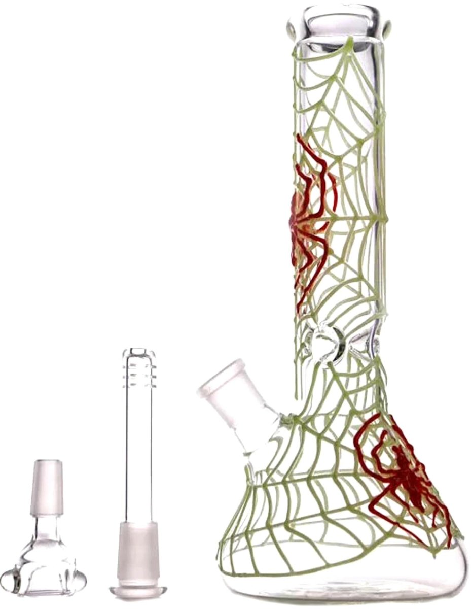 Glow spider design on clear beaker water pipe