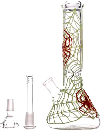 Glow spider design on clear beaker water pipe