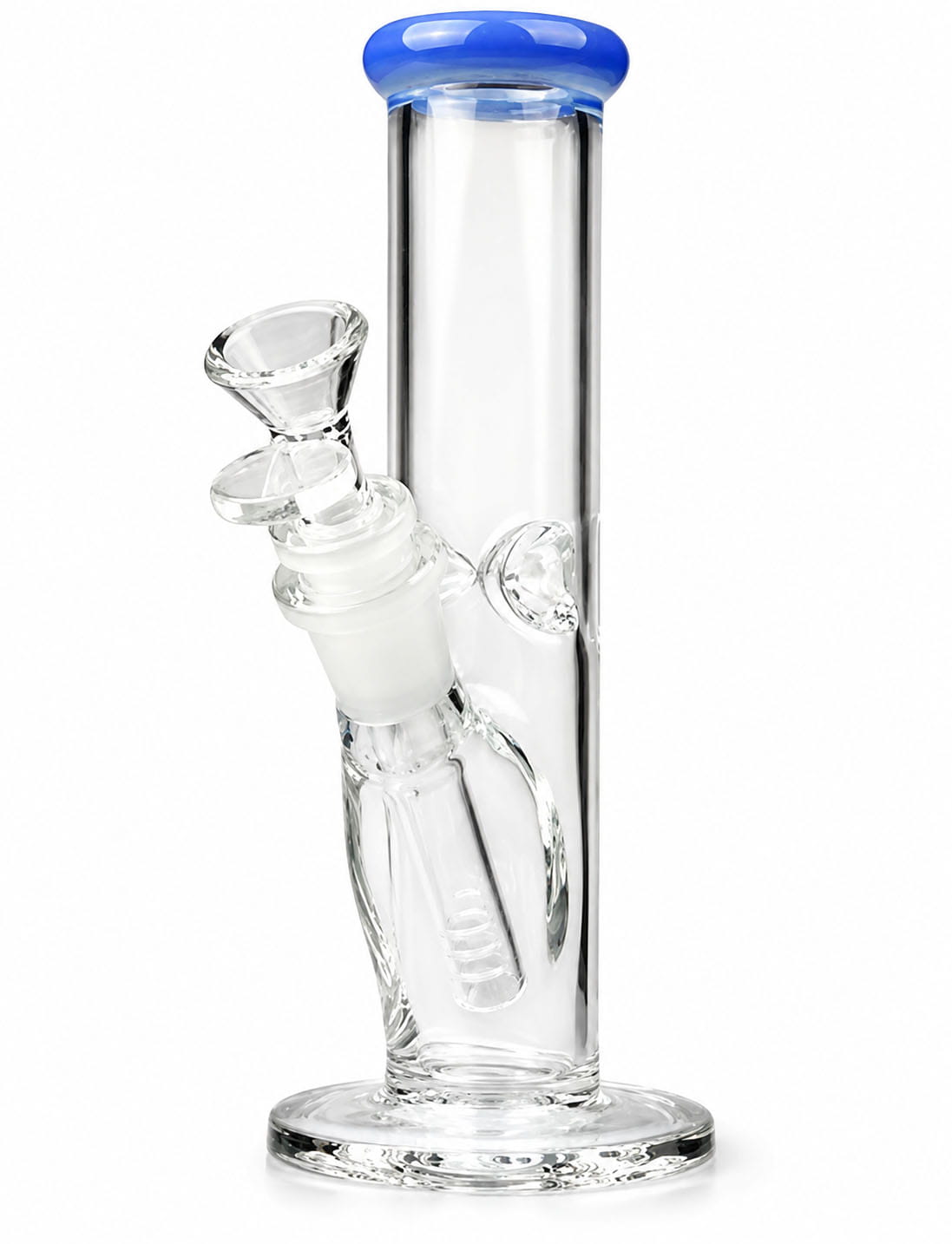 Clear glass water pipe with a blue mouthpiece and blue accent rings, shown on a white background.