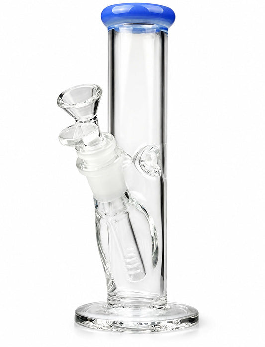 Clear glass water pipe with a blue mouthpiece and blue accent rings, shown on a white background.