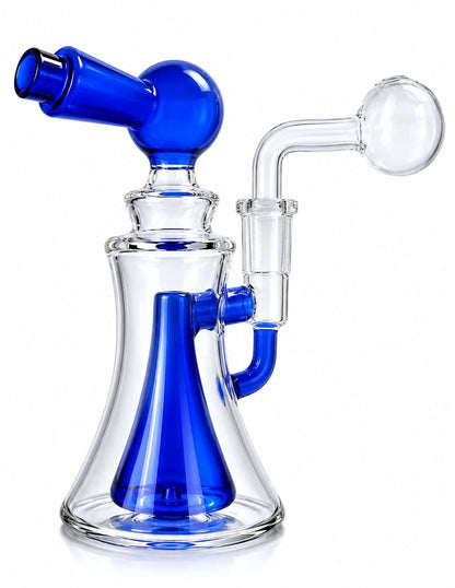 A glass water pipe with a clear body, a bright blue inner cone, a blue top bowl, and a clear side arm ending in a clear bubble mouthpiece, shown on a white background.