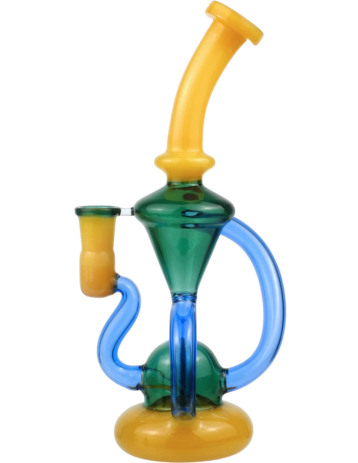 A colorful glass water bong with a yellow base and green swirling chamber, featuring a mouthpiece and a bowl for dry herb use.