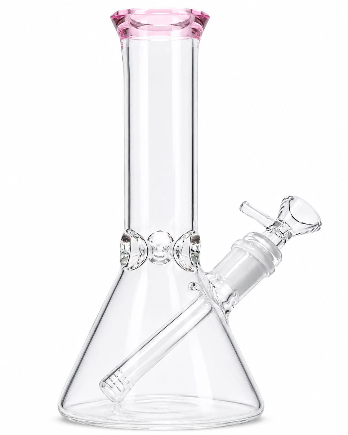 Clear glass beaker-style water pipe with a pink mouthpiece and a clear glass side attachment, shown on a white background.