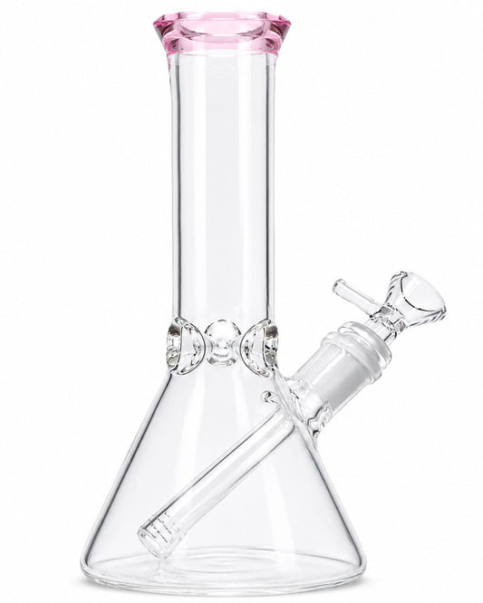 Clear glass beaker-style water pipe with a pink mouthpiece and a clear glass side attachment, shown on a white background.