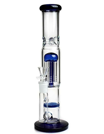 12-inch blue dual-perc glass water pipe with ice pinch