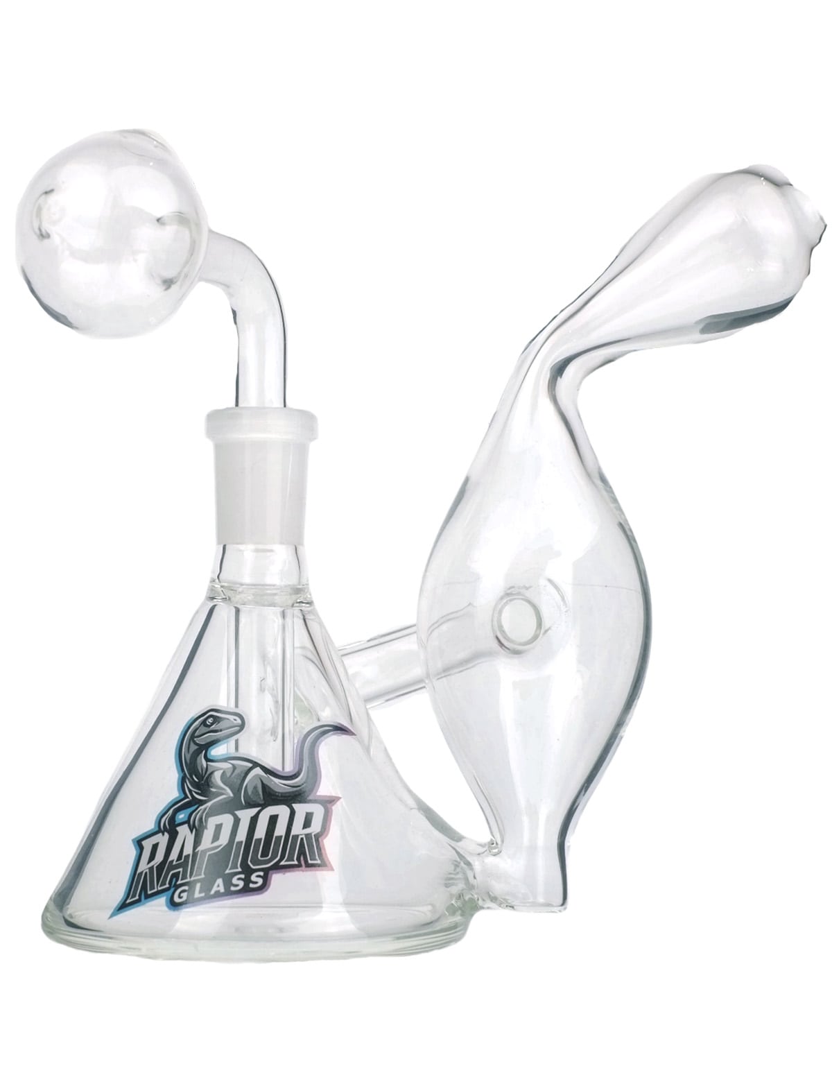 Glass smoking device with 'Raptor Glass' logo on a white background