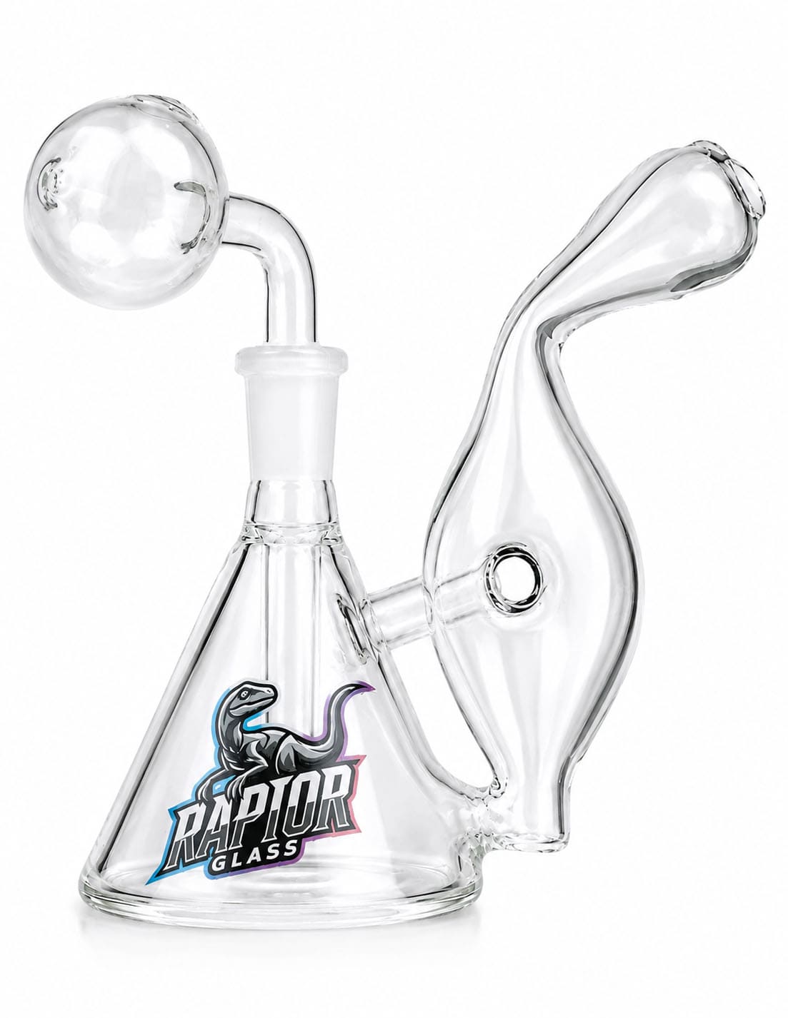 Clear glass beaker-style water pipe with a curved neck, spherical bowl, and side arm, featuring a printed 'Raptor Glass' logo on the front. Shot on a clean white background.