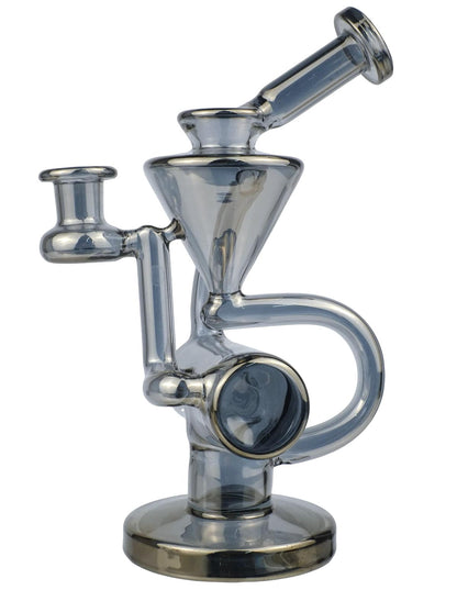 A metallic glass recycler water pipe with a gunmetal color finish, featuring angled tubes and a unique recycler chamber.