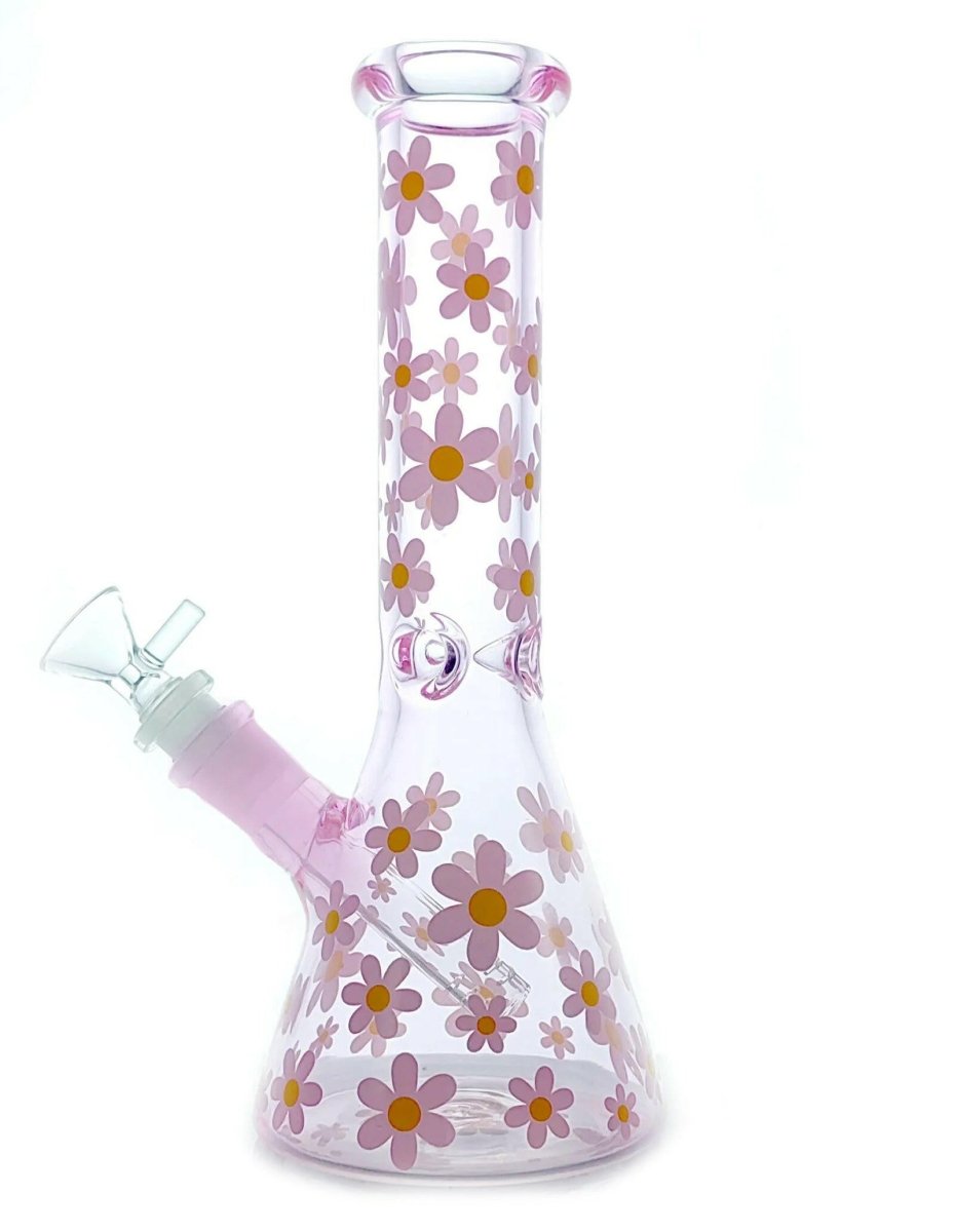 Pink floral glass beaker bong alternate view