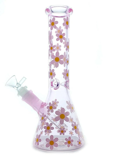 Pink floral glass beaker bong alternate view