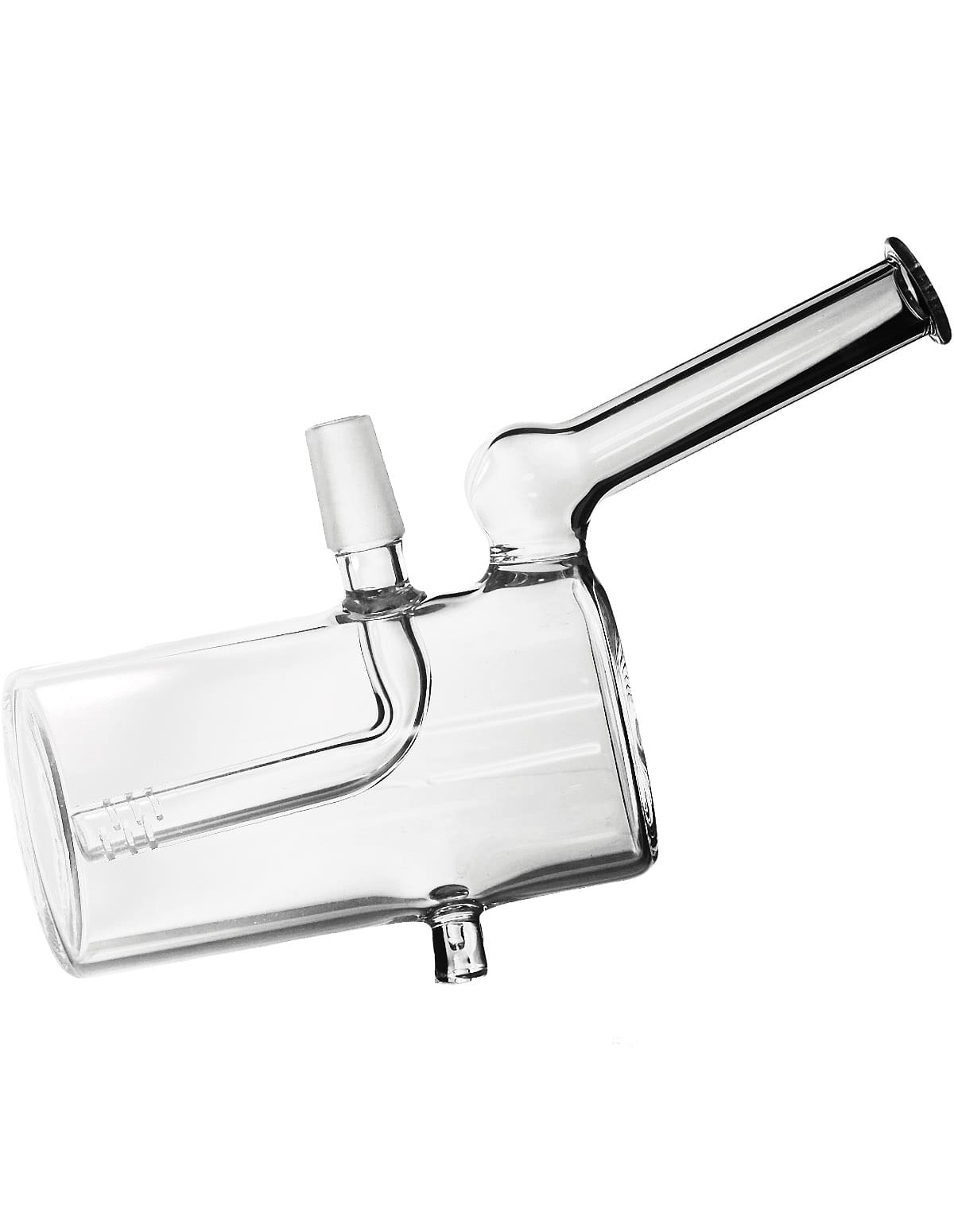 A clear glass cylindrical water pipe with a bent tube and a bowl attachment, designed for smoking.