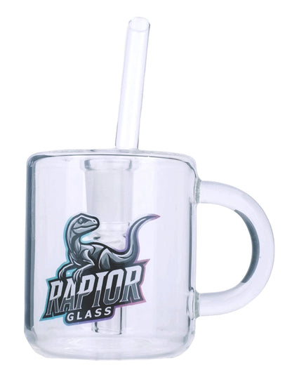 Clear RaptorGlass mug bubbler with dinosaur logo