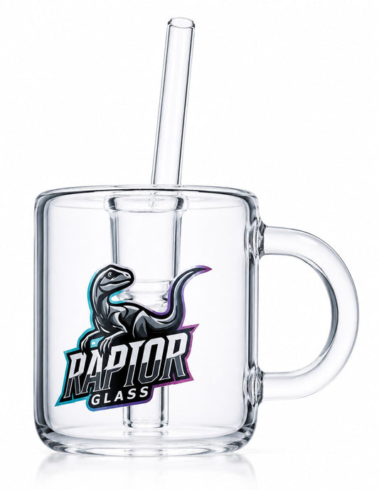 Clear glass mug with a handle and matching glass straw, featuring a printed Raptor Glass logo with a stylized dinosaur on a white background.