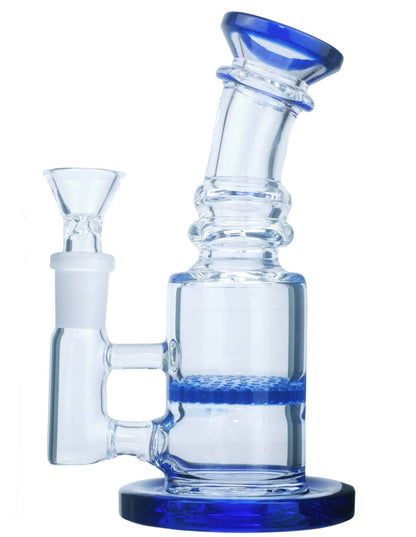 Clear mini bong with blue base and honeycomb percolator