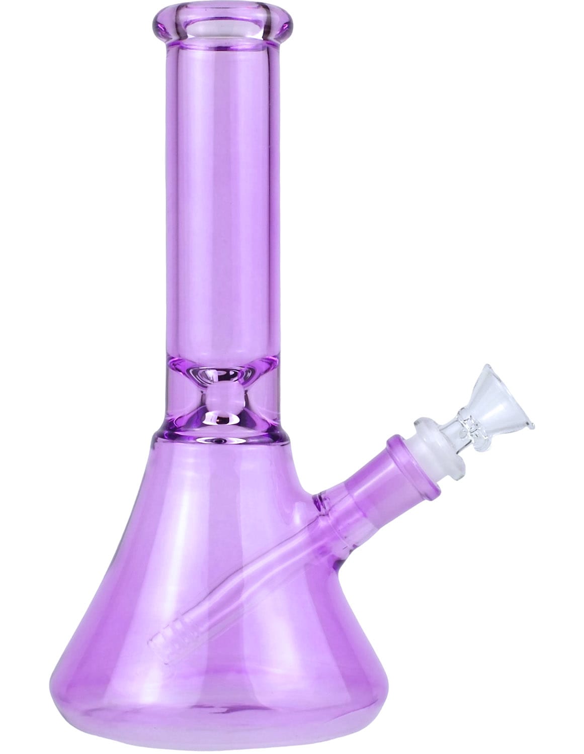 A purple glass beaker bong with a flat base and a bottle neck style ice pinch.