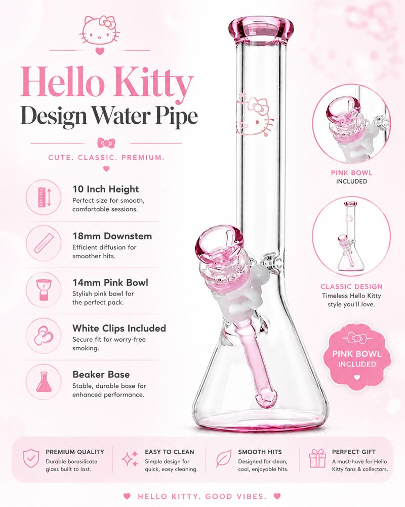 Pink Hello Kitty glass water pipe with beaker base and matching bowl
