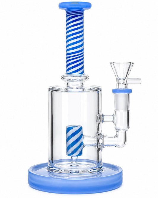 Clear glass water pipe with a blue and white striped handle, base, and inner bowl post, shown on a white background.