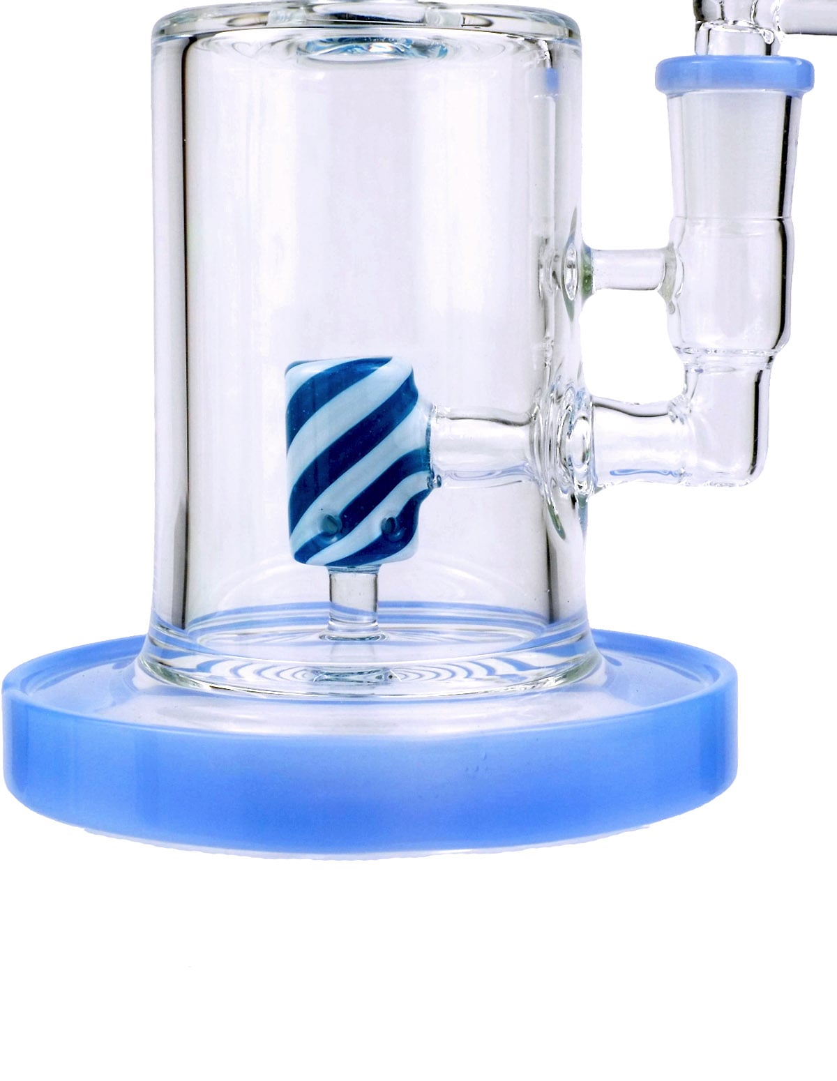Internal percolator detail in ice blue swirl glass bong