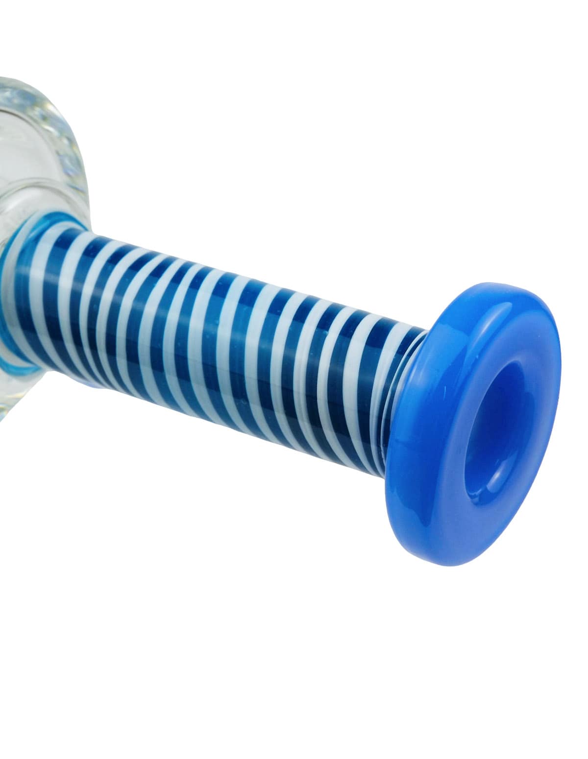 Blue and white striped neck detail on glass bong