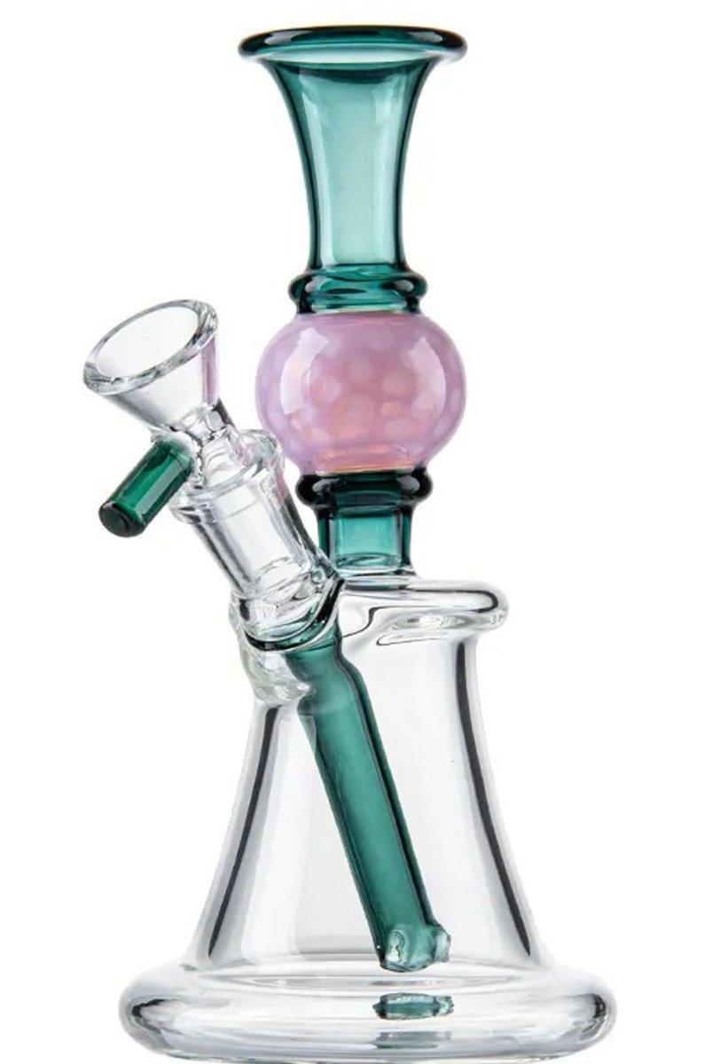 7-inch green and pink glass water pipe with rounded neck