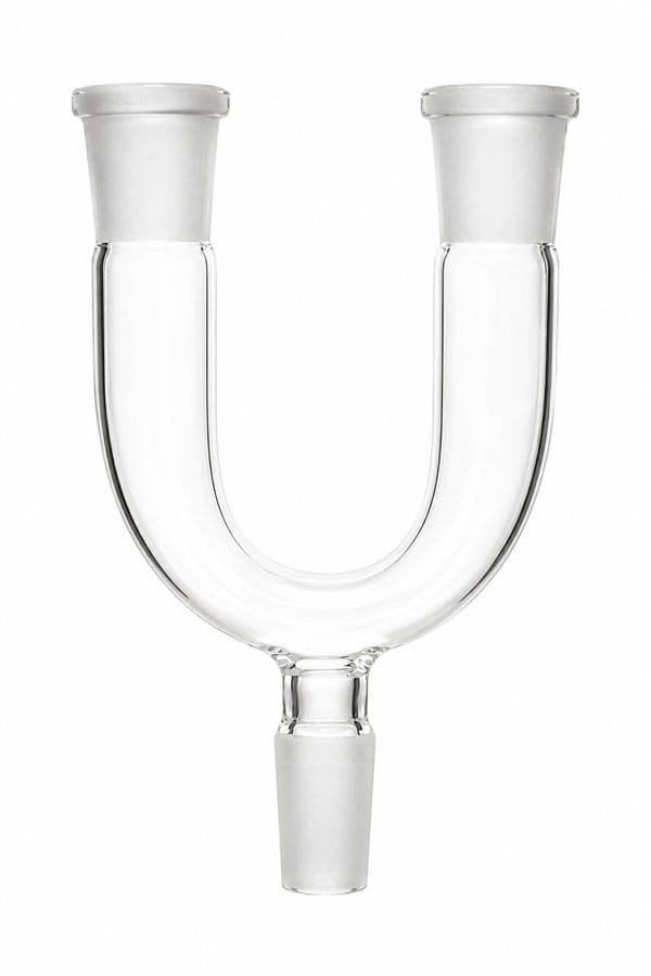 Clear Y-shaped 14mm glass joint splitter with three connector ends