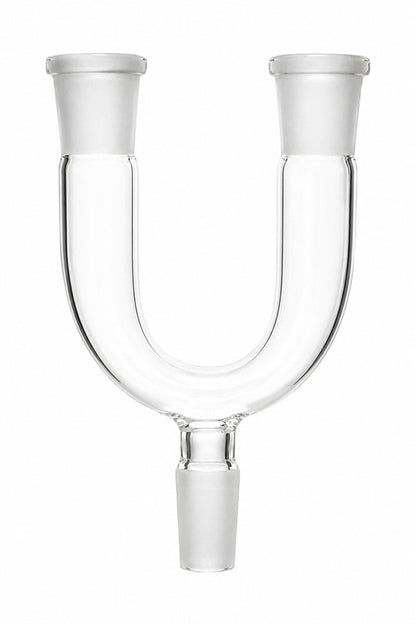 Clear Y-shaped 14mm glass joint splitter with three connector ends