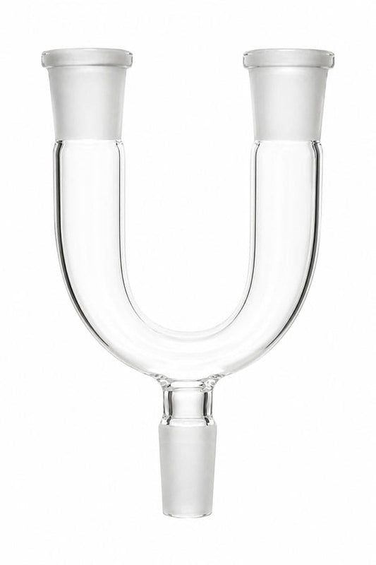 Clear Y-shaped 14mm glass joint splitter with three connector ends