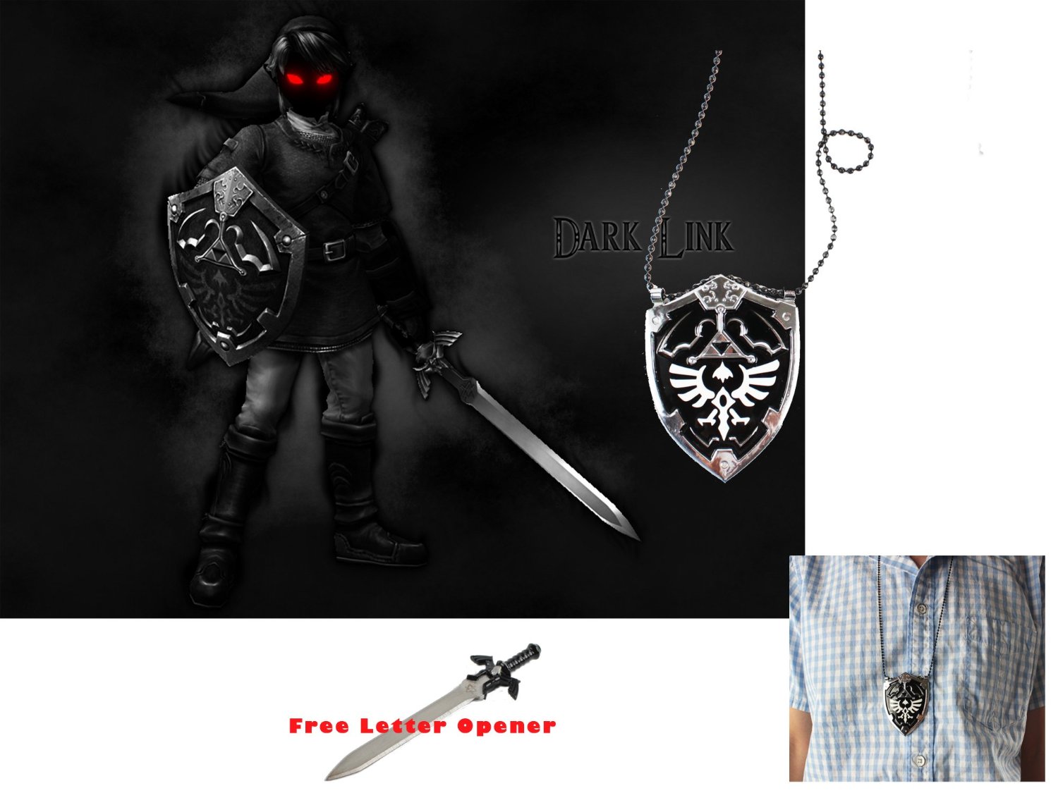 Mini DARK Hylian Shield & Links Master Sword Legend of Zelda Necklace