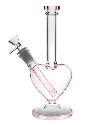9" Pink Heart Glass Water Bong Pipe