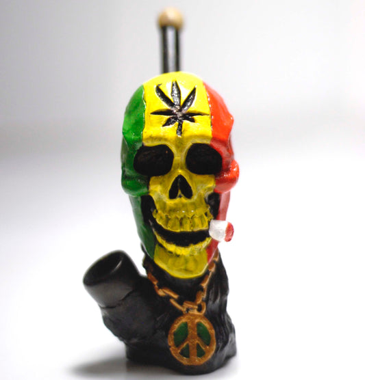 Rasta Skull with Peace sign figured handmade ceramic tobacco pipe