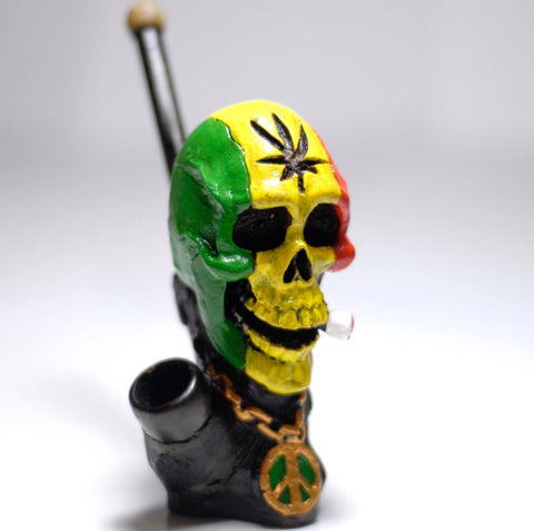 Rasta Skull with Peace sign figured handmade ceramic tobacco pipe