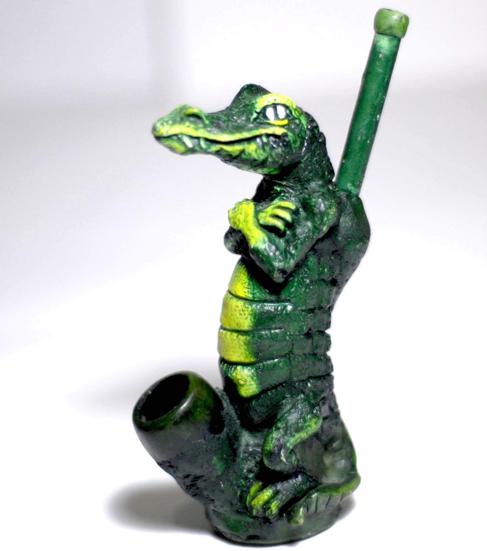 Green alligator  with Attitude figured handmade ceramic tobacco pipe