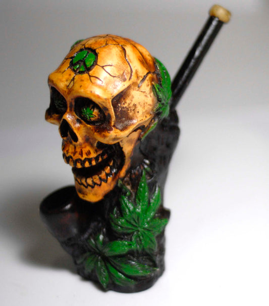 Skull with Green Peace Sign   figured handmade ceramic tobacco pipe