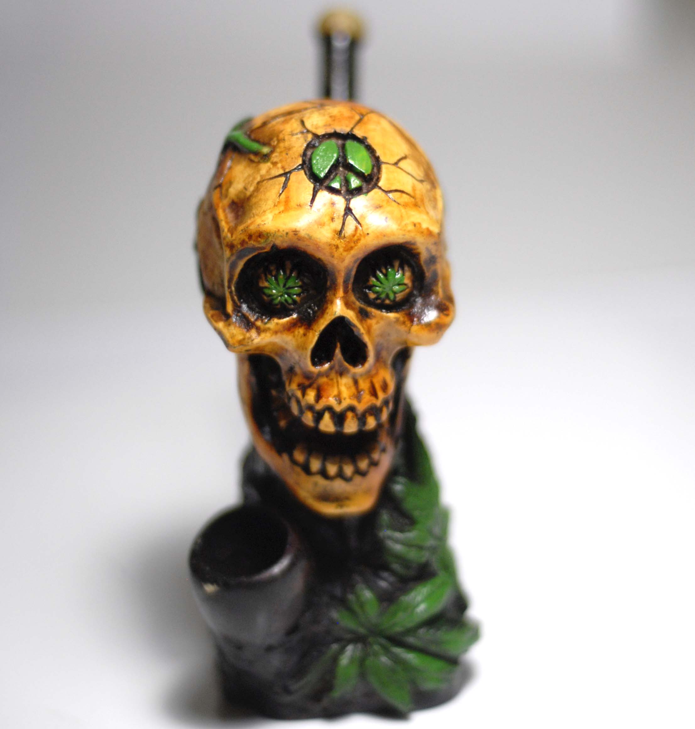 Skull with Green Peace Sign   figured handmade ceramic tobacco pipe