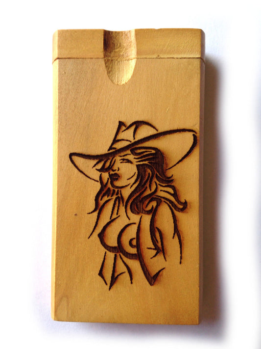 Wild Sexy Cowgirl Dugout wood hard cigarette box holder
