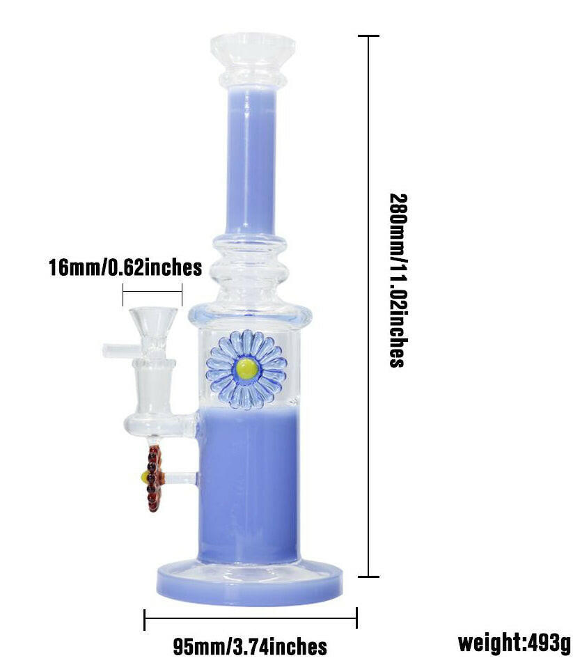 Straight glass water bong with sunflower design detail