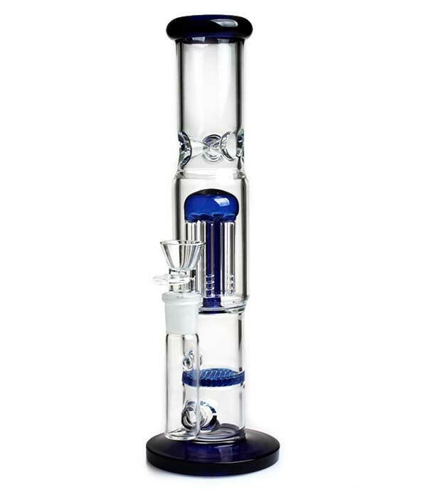 Dual-perc blue glass water pipe alternate view