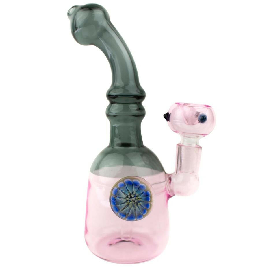 7-inch pink and green fumed bent-neck glass water pipe